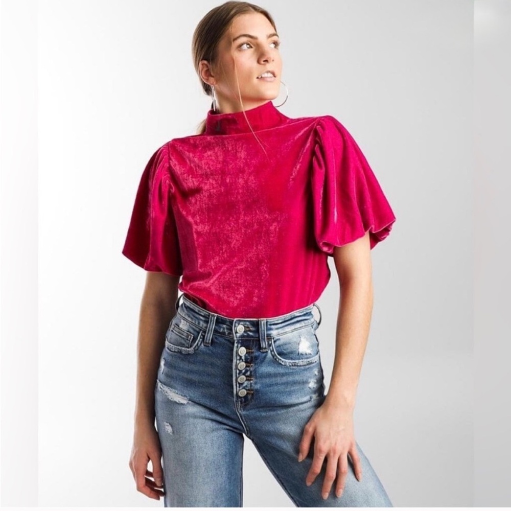 Free People Pink Velvet Puff Sleeve Top